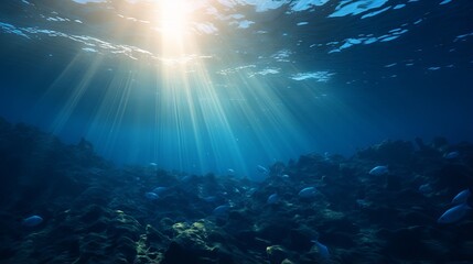 Undersea scene with sunlight and blue ocean background