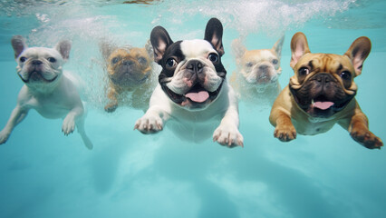 Group of French Bulldogs swimming in the swimming pool