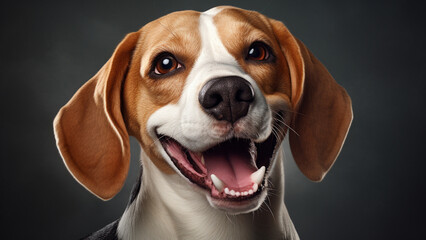 Close-up shot of smiling Beagle on the black backdrop background