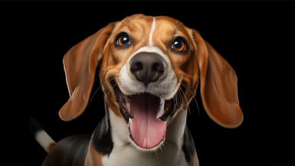 Close-up shot of smiling Beagle on the black backdrop background