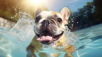 French Bulldog swimming in the swimming pool