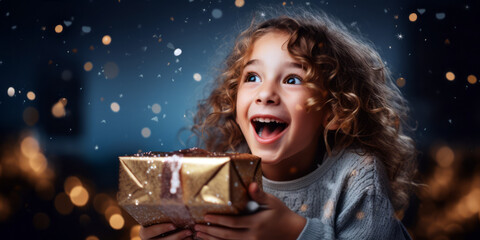 a girl recieve a Christmas present with excitement on a bright Christmas background