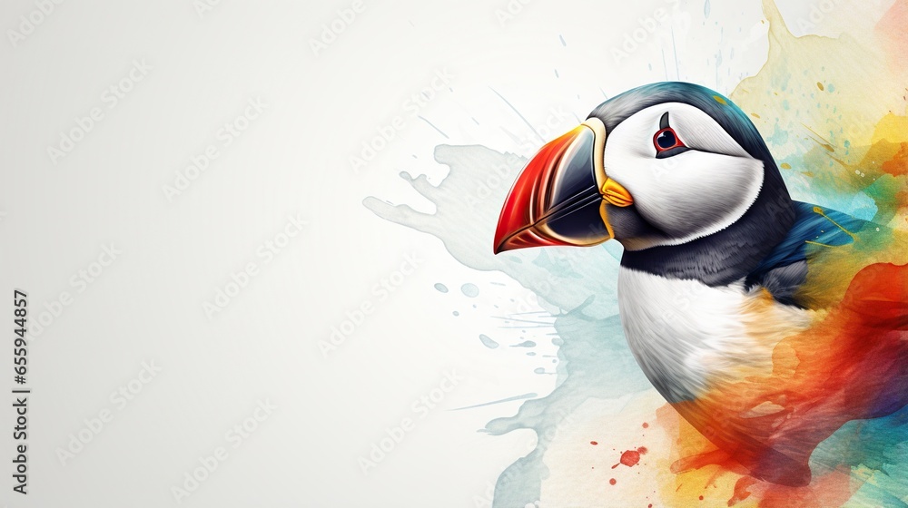 Poster a colorful bird with a colorful beak on a white background. generative ai