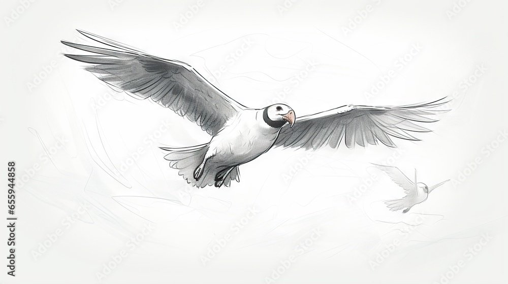 Poster a drawing of a bird with its wings spread wide open. generative ai
