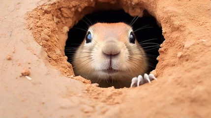 Foto op Plexiglas  a close up of a rodent poking its head out of a hole.  generative ai © Oleg