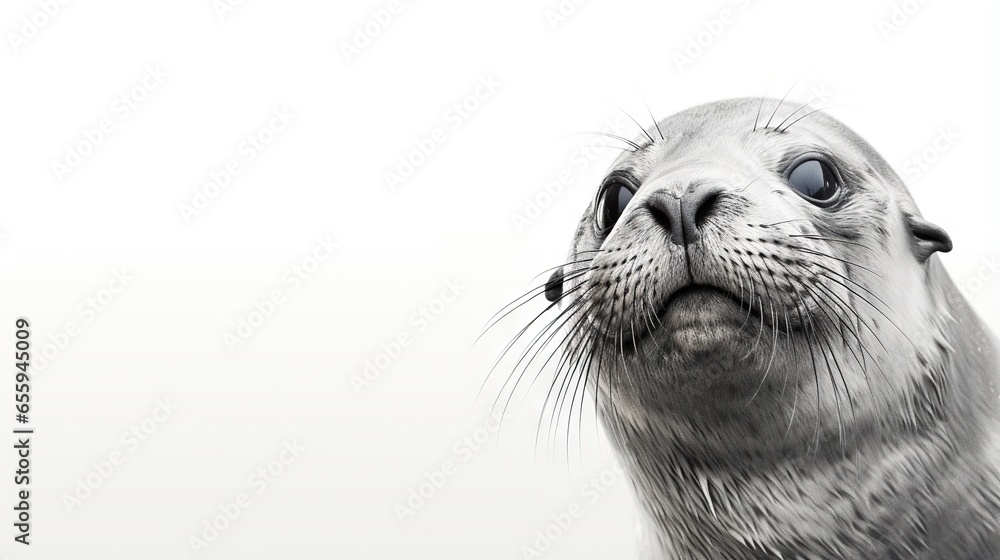Poster a close up of a seal with its eyes open and a white background. generative ai