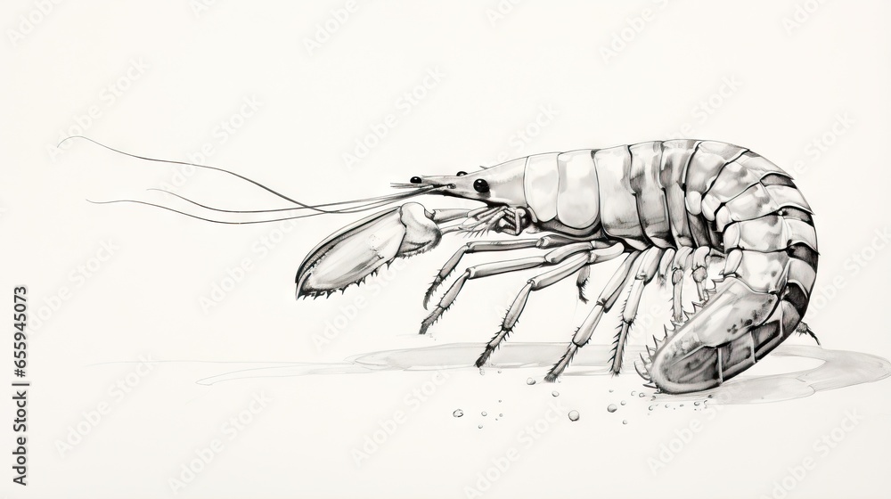 Poster a drawing of a large shrimp on a white background with water droplets. generative ai