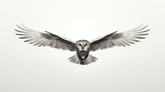 a black and white photo of an owl with its wings spread.  generative ai