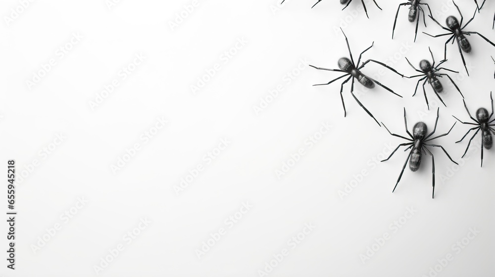 Poster a group of black widows on a white background with space for text. generative ai