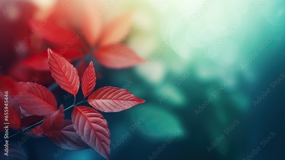 Poster a close up of red leaves on a branch with a blurry background. generative ai