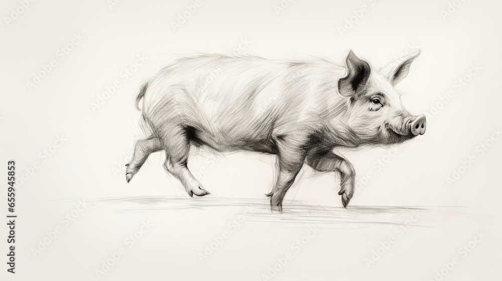 Poster a drawing of a pig running on a white background with a black and white background. generative ai