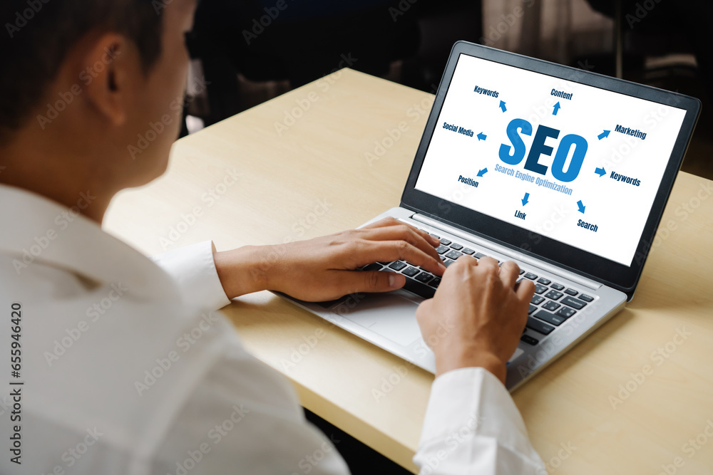 Poster seo search engine optimization for modish e-commerce and online retail business showing on computer 