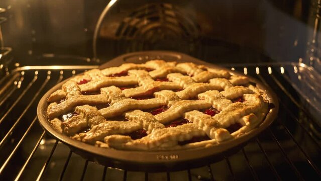 Tasty pie in oven. Timelapse of homemade pie baked. Baking concept. Delicious Apple Pie rising up in oven. Process of baking berry pie with apples baked in oven. 4K, UHD