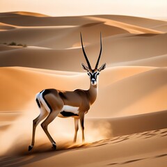 a graceful gazelle, bounding gracefully on a tranquil desert, under the warm embrace of a sandy landscape | impala in the desert | antelope in the desert - obrazy, fototapety, plakaty