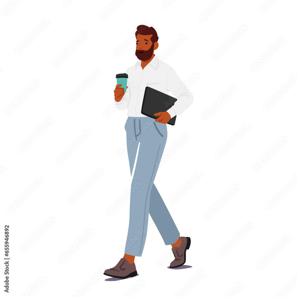 Wall mural business man in smart office wear holding briefcase and drinking coffee from disposable cup on the g