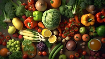 top down view of a table full or fresh prganic vegetab.Generative AI