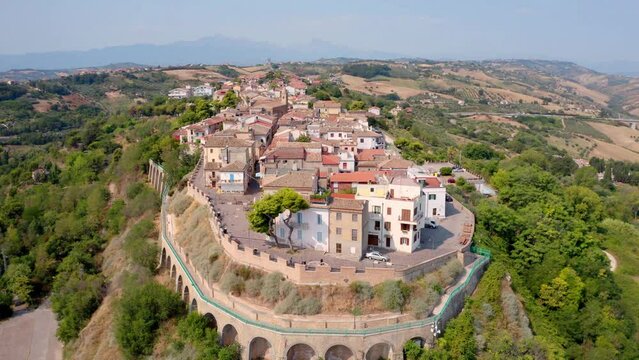 4k drone flight point of view (Ultra High Definition) of Silvi Paese village. Wonderful morning seascape of Afriatic sea.Traveling concept background..