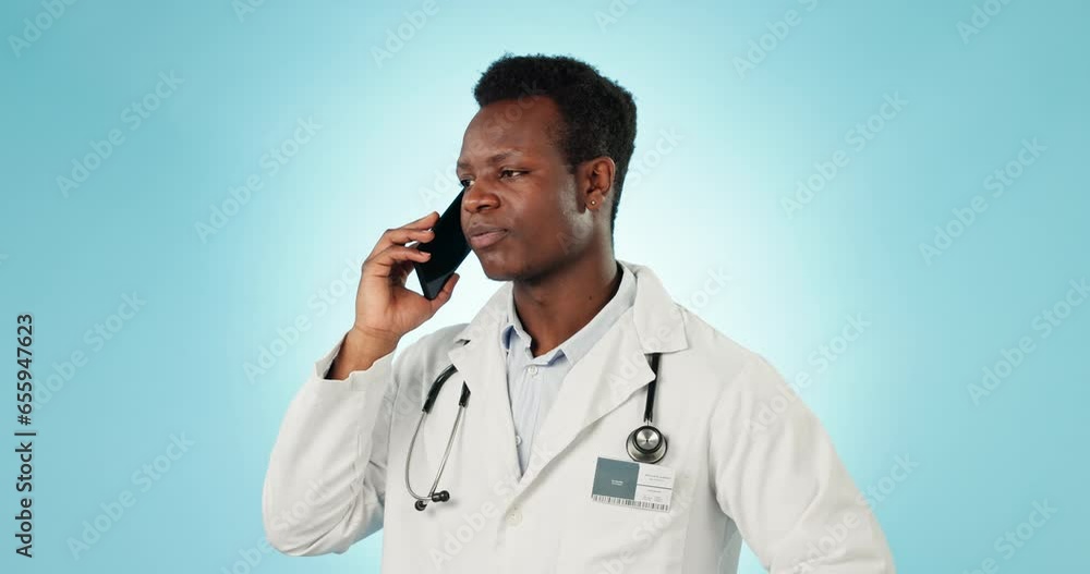 Canvas Prints Doctor, man and communication with phone in studio for consulting, telehealth contact and speaking on blue background. African healthcare worker on mobile for consultation, feedback or medical advice