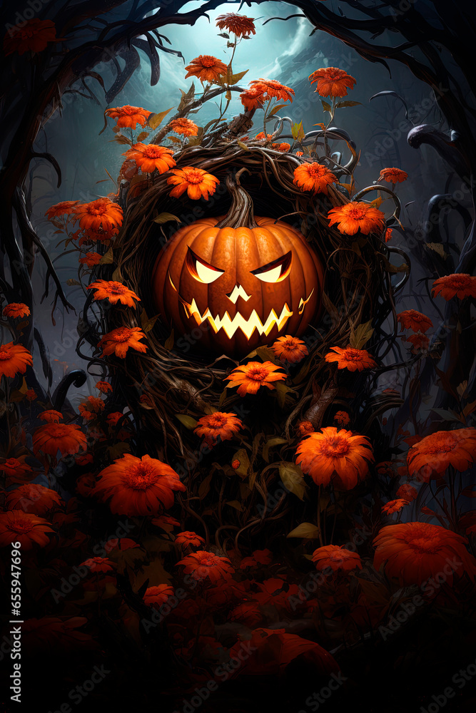 Wall mural A jack-o-lantern surrounded by flowers. Halloween. Generative AI - Wall murals
