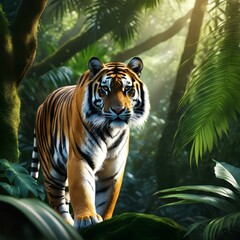 a majestic tiger, standing proudly on a dense jungle, under the dappled sunlight of an Asian rainforest | tiger in the junge