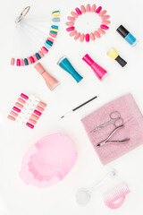 Manicure and pedicure set with beauty cosmetic products for nail care