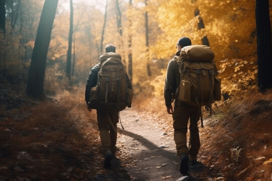 Two men with backpacks walking in the woods. AI Generated