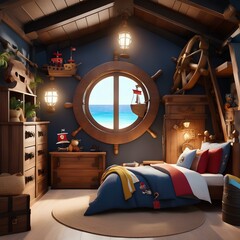kids room with a pirate ship bed and a treasure chest filled, living room interior