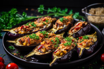 Stuffed eggplants eggplants with filling on a dark plate