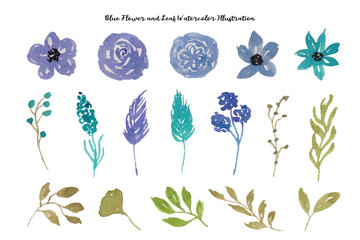 Beautiful Blue Flower and Leaf Watercolor Collection	