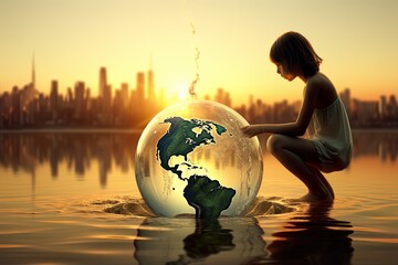 Scarcity of water. World water. Little girl squatting her feet in shallow water. Earth in a big transparent water ball in front of her. Concept of water scarcity, saving water, water for the planet. 
