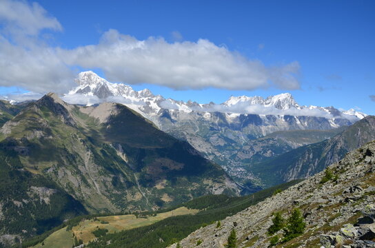 View of Mont Blanc and other mountains from the Colle della Croce, Aosta Valley (Italy)