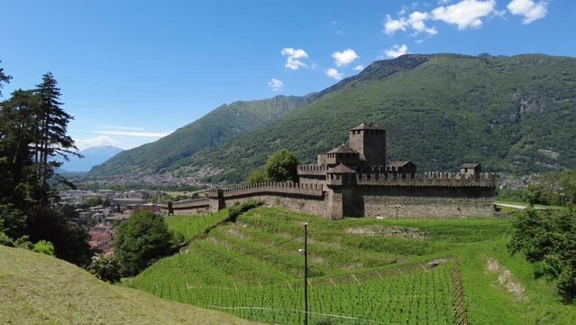 Panorama video shooting of  UNESCO Heritage of the Montebello Castle Bellinzona, Ticino, Switzerland