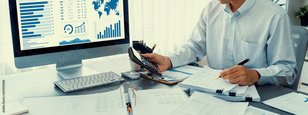 Poster business intelligence and data analysis concept. analyst working on financial data analysis dashboar