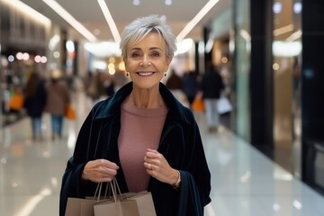 Stylish middle aged Caucasian woman in clothing store. Female shopaholic select and buying clothes in fashion boutique during sale.