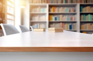 Wooden desk with library room with blur background, copy space for your text. Made with AI generation