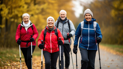 Older people doing Nordic walking exercises. Made with AI generation - obrazy, fototapety, plakaty