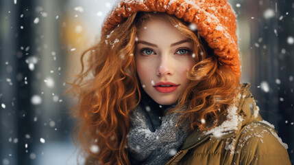 Portrait of young beautiful woman in winter clothes and strong snowing - obrazy, fototapety, plakaty