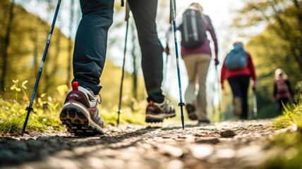 Older people doing Nordic walking exercises. Made with AI generation - obrazy, fototapety, plakaty