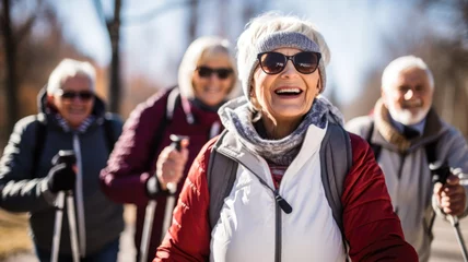 Fototapeten Older people doing Nordic walking exercises. Made with AI generation © millenius