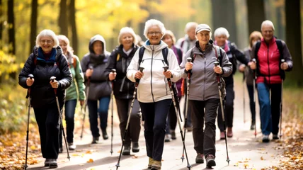 Fotobehang Older people doing Nordic walking exercises. Made with AI generation © millenius