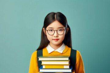 Happy School pupil, Asian girl in glasses on isolated on studio background with copy space, back to school