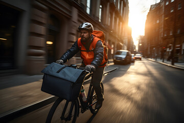Obraz premium Delivery man riding a bike along the city