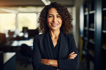 Happy smiling latina businesswoman looking at camera. Made with AI generation - obrazy, fototapety, plakaty