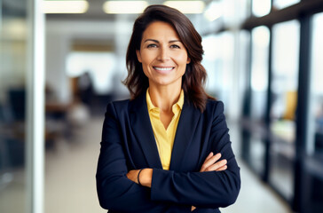 Happy smiling latina businesswoman looking at camera. Made with AI generation - obrazy, fototapety, plakaty