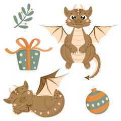 Christmas set in cartoon style. Cute dragons, a gift box, a Christmas ball, a twig with leaves.