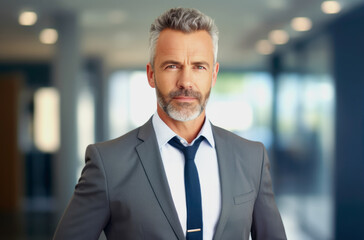 Fototapeta premium Close up portrait of a smiling businessman standing outdoors in city. Generated with AI