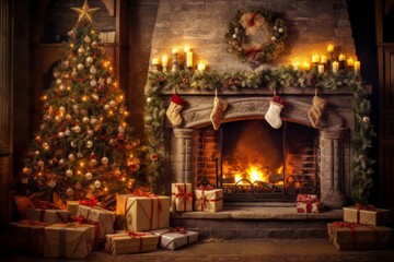 Fototapeta na wymiar Christmas Interior. Magic glowing fireplace in the living room