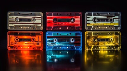 Fototapeta na wymiar Retro plastic audio cassettes on a black background, close-up