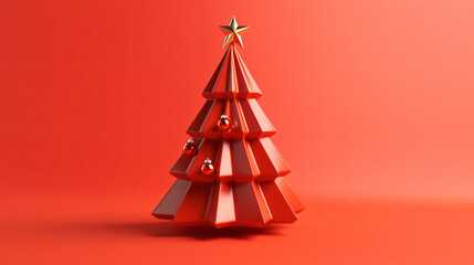 Red christmas tree on red background for christmas decoration with shadow 3D rendering - obrazy, fototapety, plakaty