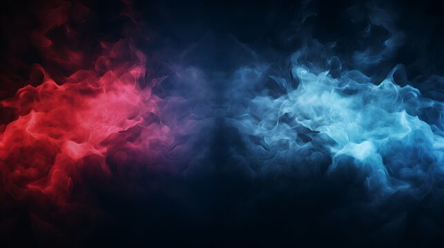 Blue and Red Smoke Effect on Black Background: Abstract Neon Flame Cloud with Dust for Cold vs Hot Concept, Sport Boxing Battle Competition, or Police Digital Banner Design